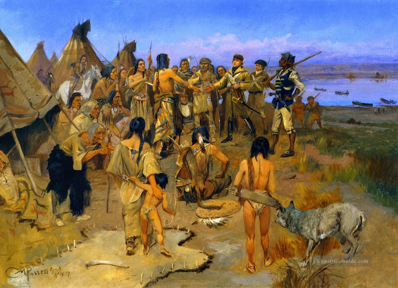 Lewis und Clark welche den Mandan Indianer 1897 Charles Marion Russell Ölgemälde